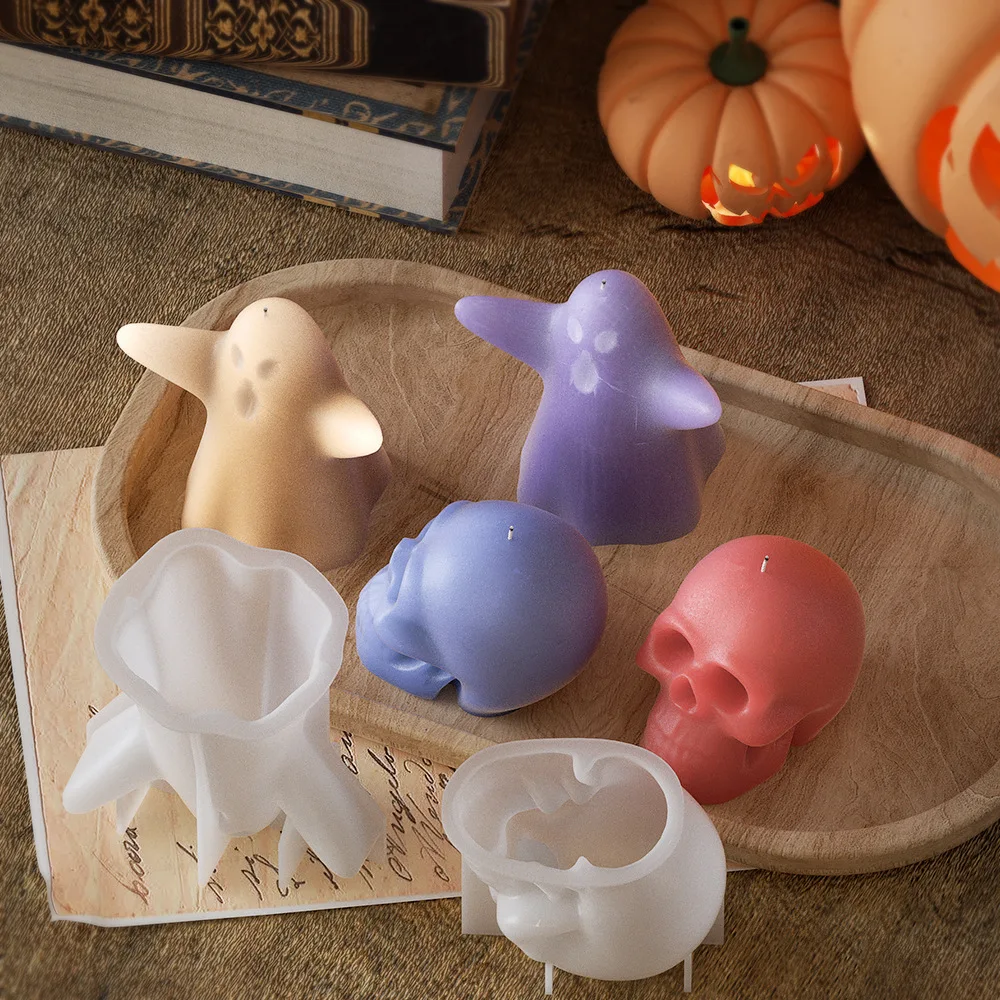 Halloween Ghost Candle Silicone Mold DIY 3D Scented Candle Making Wax Mould Skull Keychain Pendants Gypsum Ornament Resin Mold