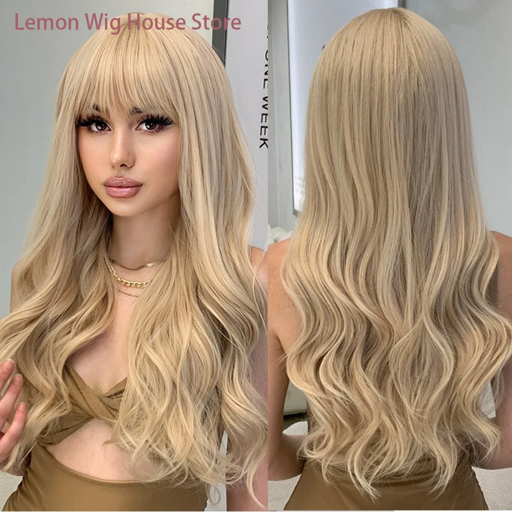 Light Ash Blonde Wig with Bangs Long Water Wavy Natural Synthetic Glueless Wigs for Women Daily Party Cosplay Wig Heat Resistant
