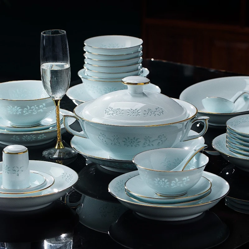 

Dish set, household high-end edge celadon exquisite tableware set