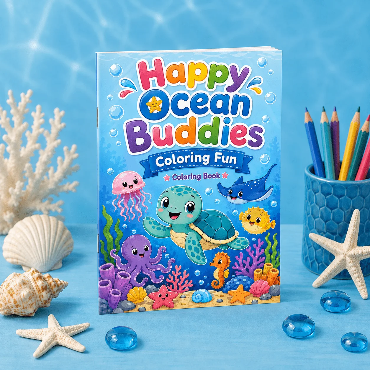 Happy Ocean Buddies Coloring Book, Cute Sea Animals, Turtles, Jellyfish, Octopus, Seahorses and Ocean Friends