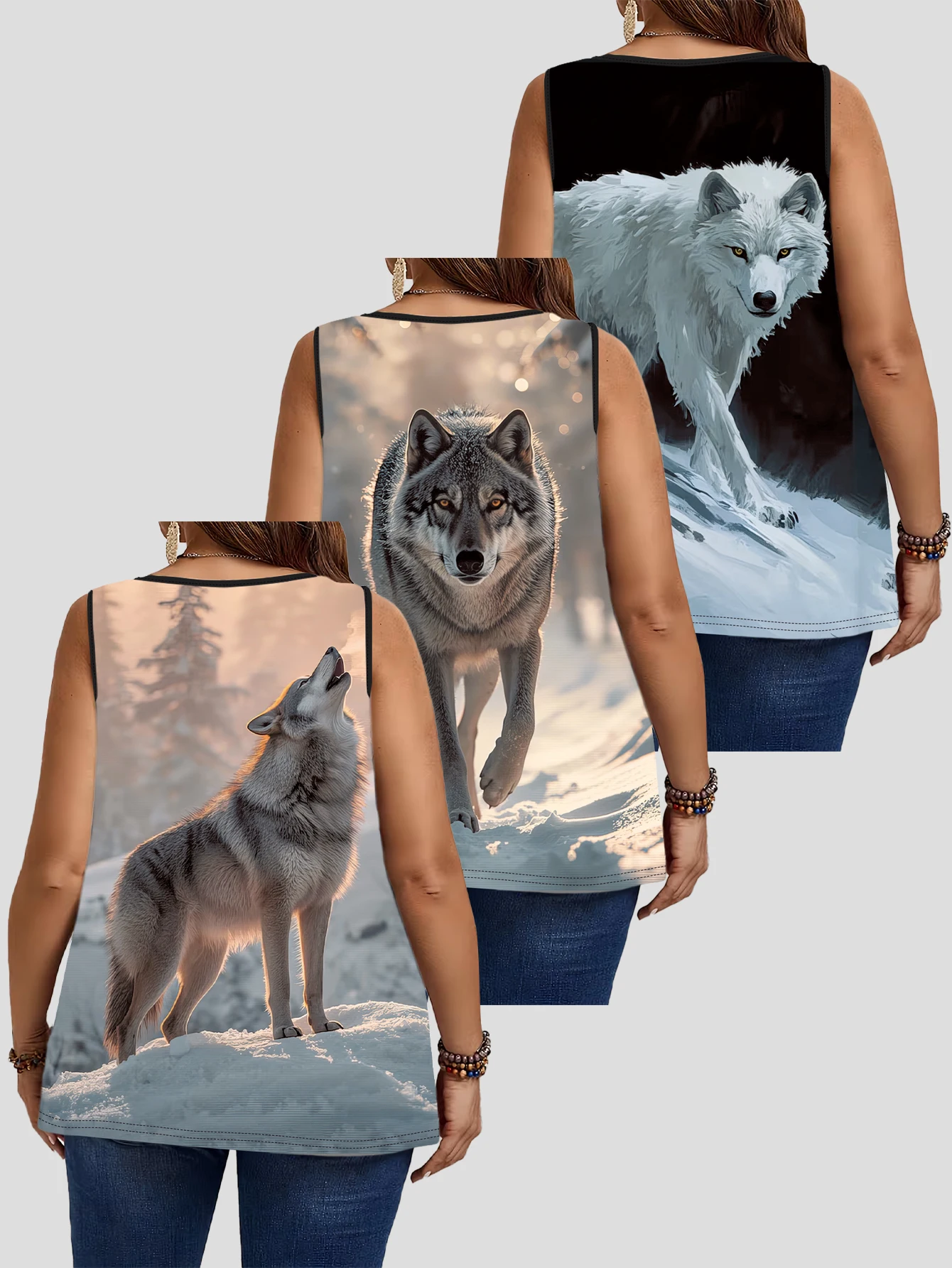 3-Piece Set of Plus-Size Women's Vests｜Realistic Digital Print of Snow-White and Gray Wolves, Loose-Fitting, Slimming, Round-Neck, Sleeveless Women's Tops