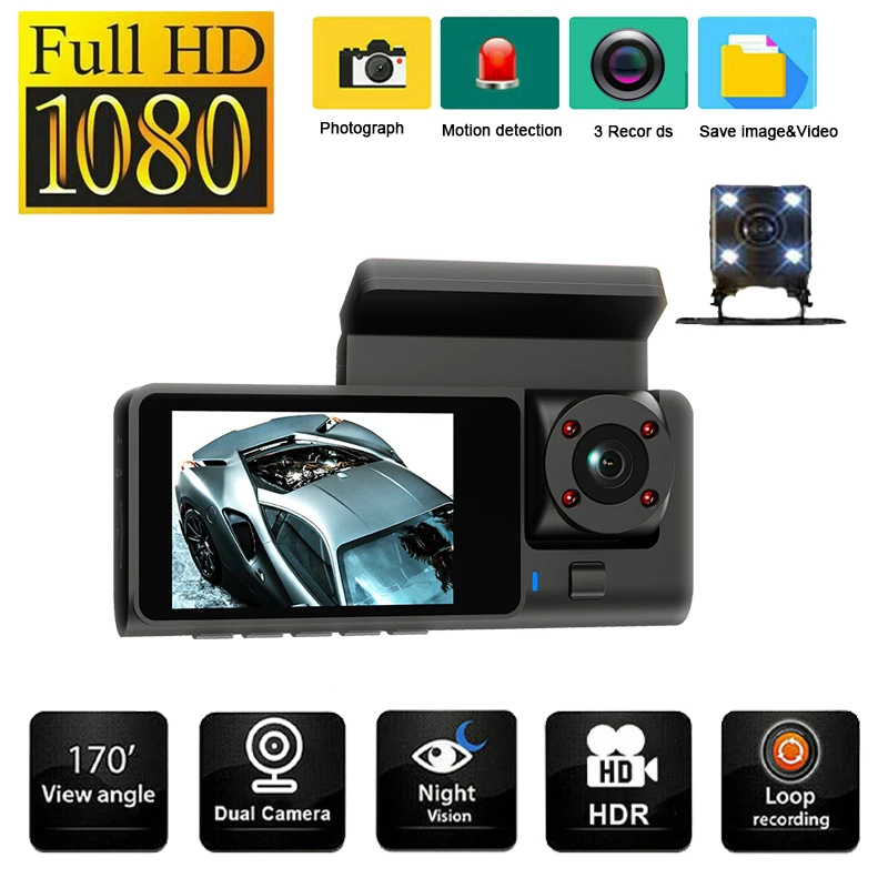 

3 Channel Dash Cam 1080P Front, Rear and Inside Car DVR Motion Detection 24H Parking Mode Loop Recording Night Vision Car DVR