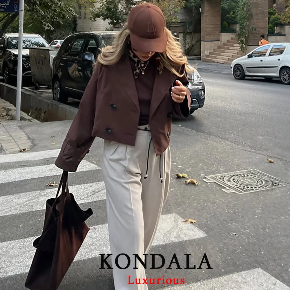 

KONDALA Office Lady Chic Brown Jackets Women Long Sleeve Buttons V Neck Coats Fashion 2025 Autumn Spring Vintage Female Outwears