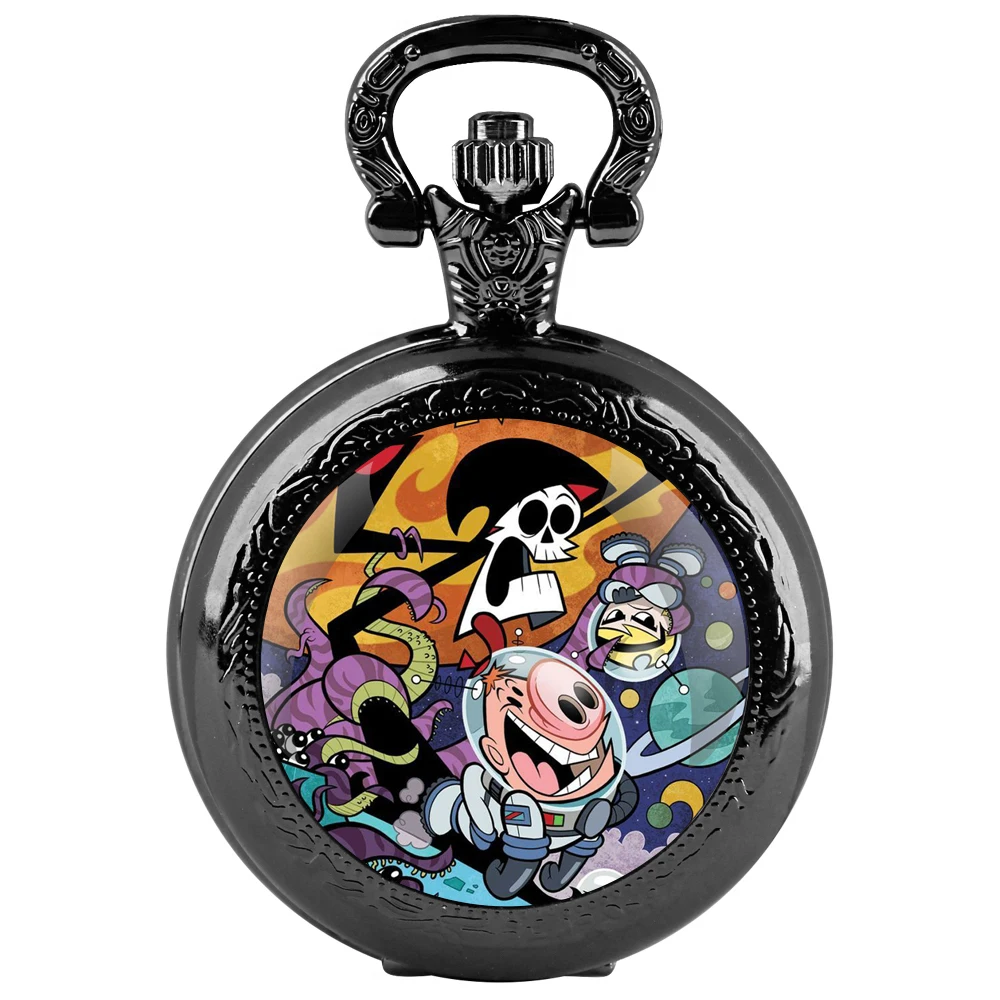 Billy e Mandy Glass Dome Quartz Pocket Watch With Durable Chain Arabic Numeral Dial Halloween Gifts for Men Women Kids