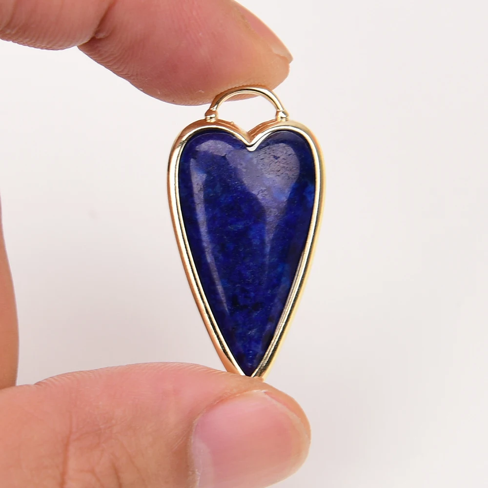 5 Pcs 33mm Natural Blue Lapis lazuli Stone Heart Pendant Gold Edge Plated Bezel Set Gems Charms Jewelry Making DIY