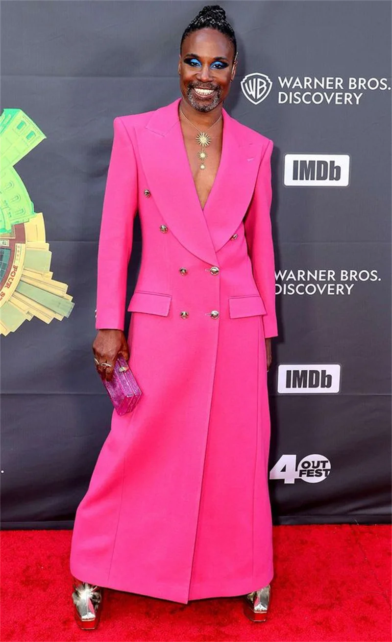 

Hot Pink Men Suit 1 Piece Long Blazer Prom Dress Overcoat Double Breasted Wedding Tuxedos Jacket Formal Office Red Carpet Coat