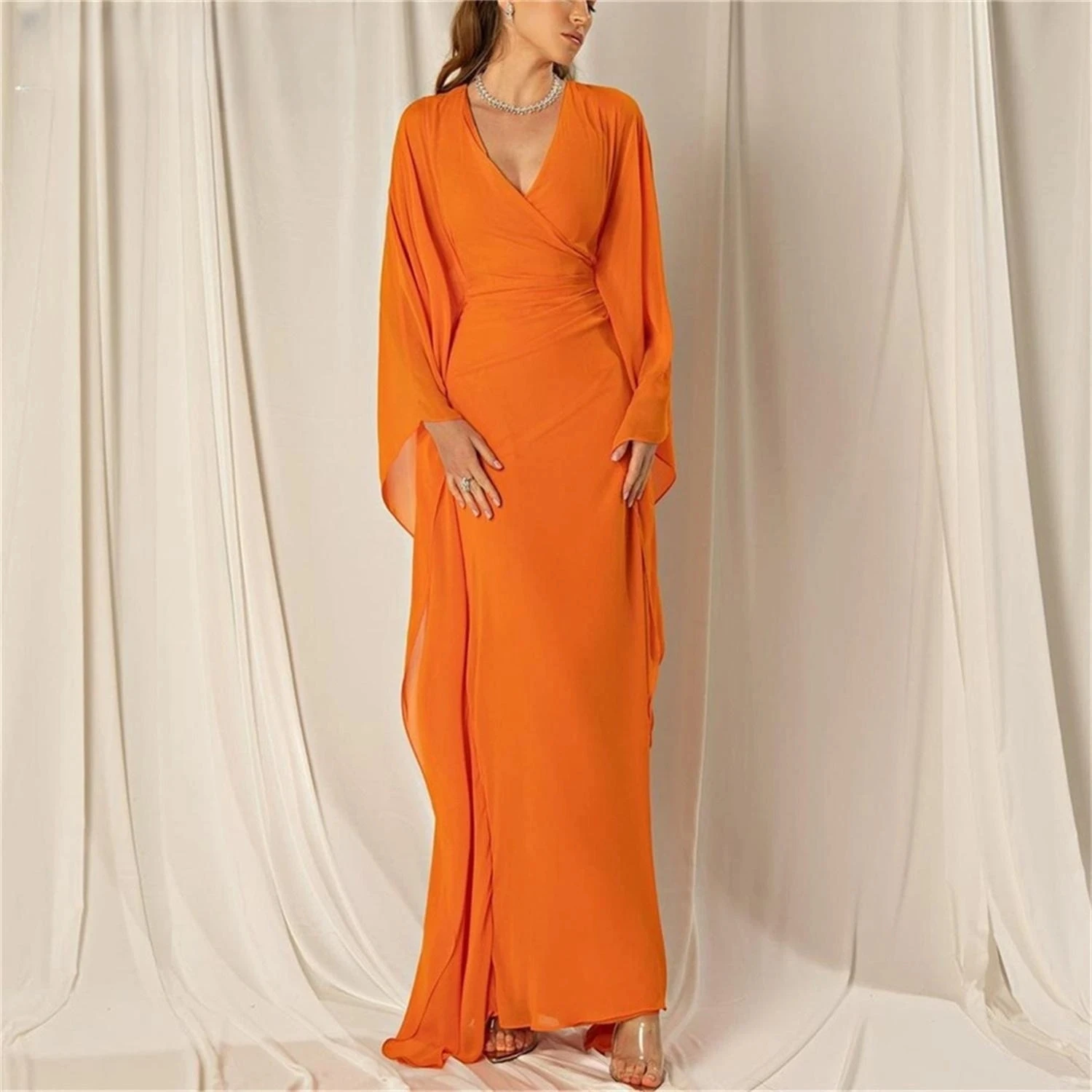 Vintage Long V-Neck Chiffon Evening Dresses With Sleeves فساتين سهرة Sheath Orange Ankle Length Prom Dresses for WomenCL-655