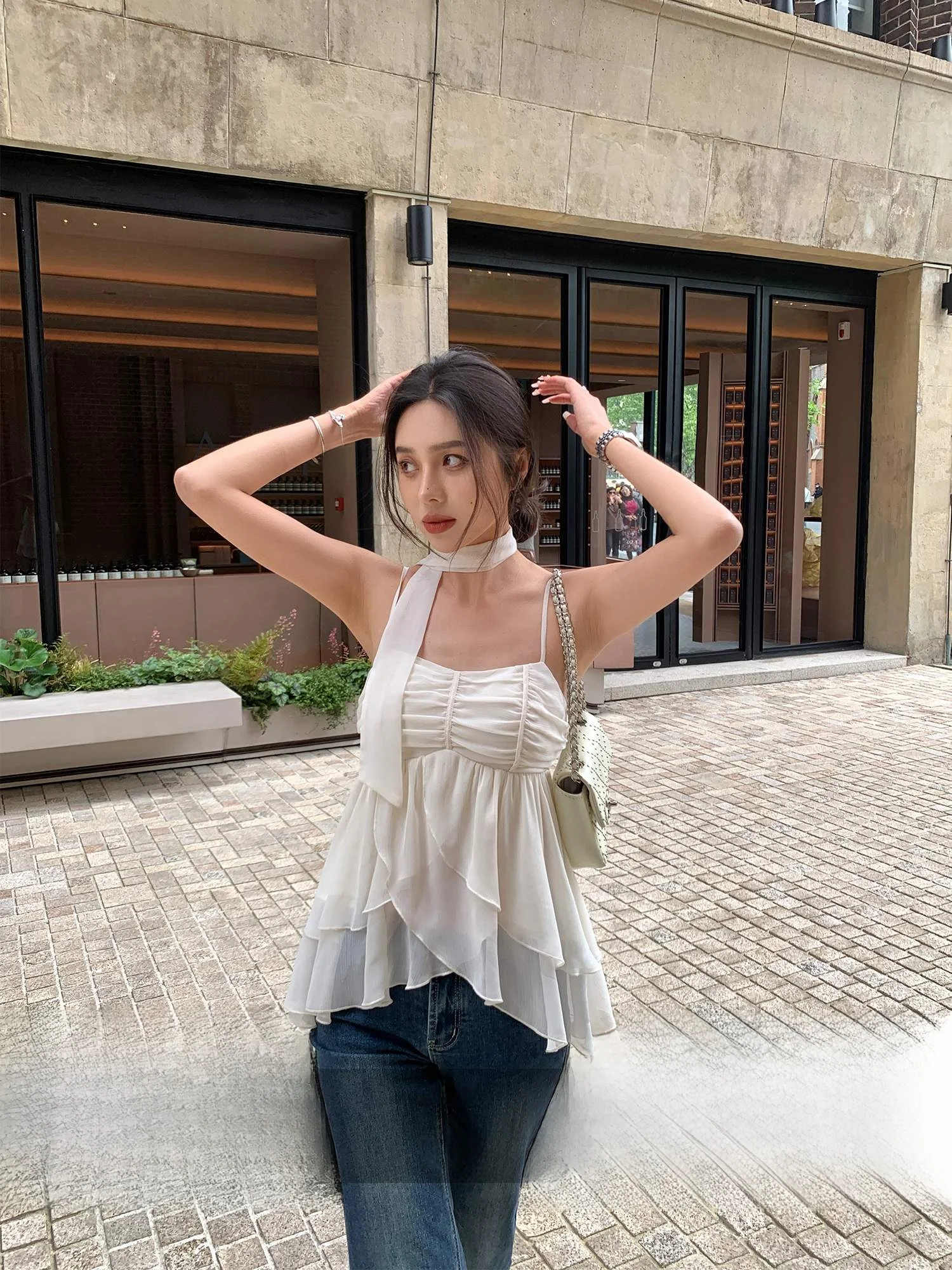 

ChenMiFan White Ne Hanging Women's Top Korean Design Double Layer Skirt Cake Sle uangliu Bal Tube Top Outerwear