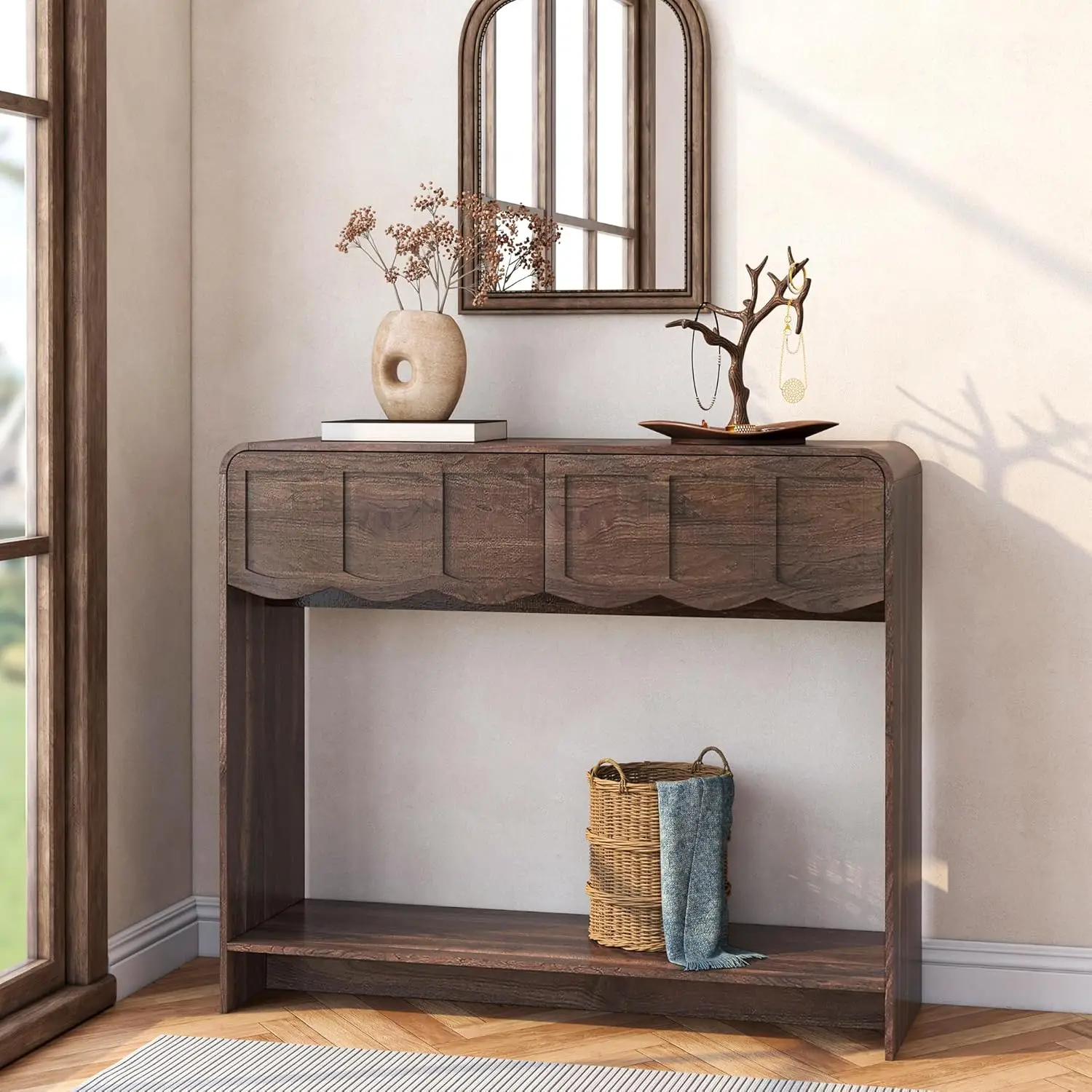 

Console Table with 2 Drawers, Mid-Century Modern 42" Entryway Table with Open Storage Shelves, Sofa Table Behind, Customized