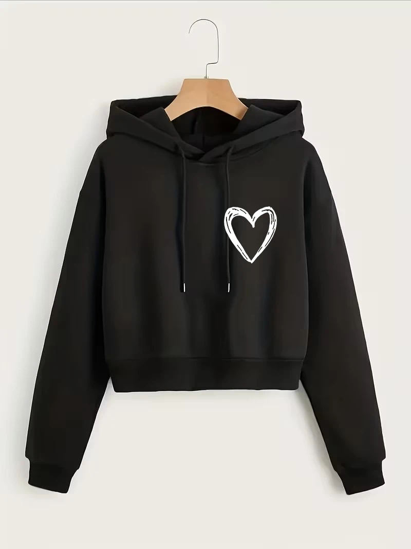 Fashion Love Heart Letter Print Autumn Winter Cropped Sweatshirt Crop Top Hoodie Y2k Sweatshirts Gothic Casual Style Clothes