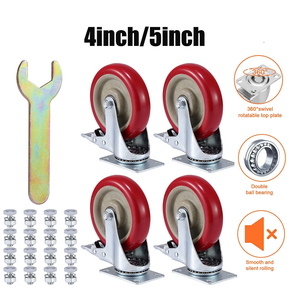4 Pack 4/5 inch Caster Wheels Swivel Plate Polyurethane Wheels Heavy Duty Wheels Caster Locking with Locking