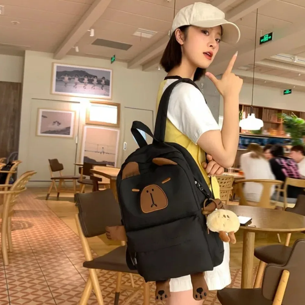 

Plush Doll Keychain Capybara Backpack Nylon Wide Straps Cartoon Animal Daypack Multi Functional Thickened