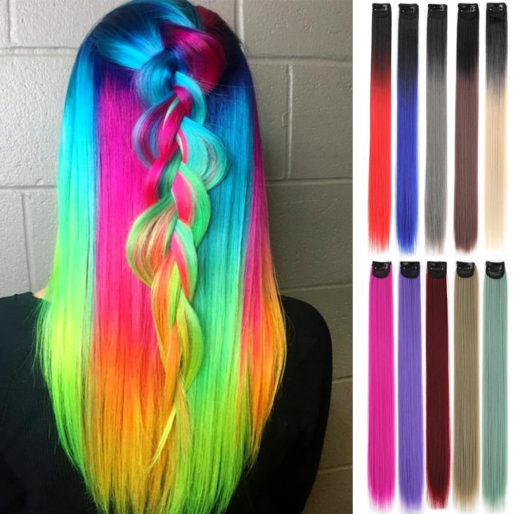 

Colored Clip in Hair Extensions Synthetic Long Straight Colorful Hair Pieces With Net 24 Inch Rainbow Hairpiece for Women Girls