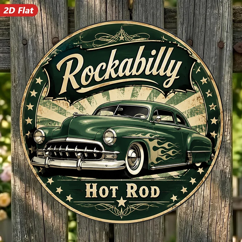 2D Flat, 1pc Rockabilly Hot Rod Round Metal Sign Wall Art, Vintage Green Coupe, Chrome Grille, Ideal for Kitchen Bedroom, Flame