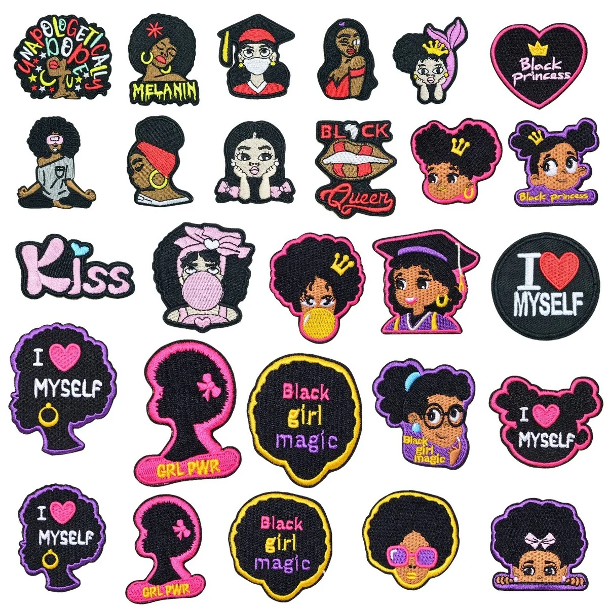 

12/24/27Pcs Cartoon Black Girl Magic series applique for Sew on Clothes Pants Ironing Embroidered Patches DIY Coat hat Sticker