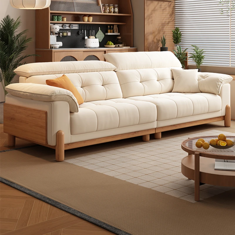 

Cream antique solid wood fabric sofa small apartment modern living room simple cotton and linen removable sofa
