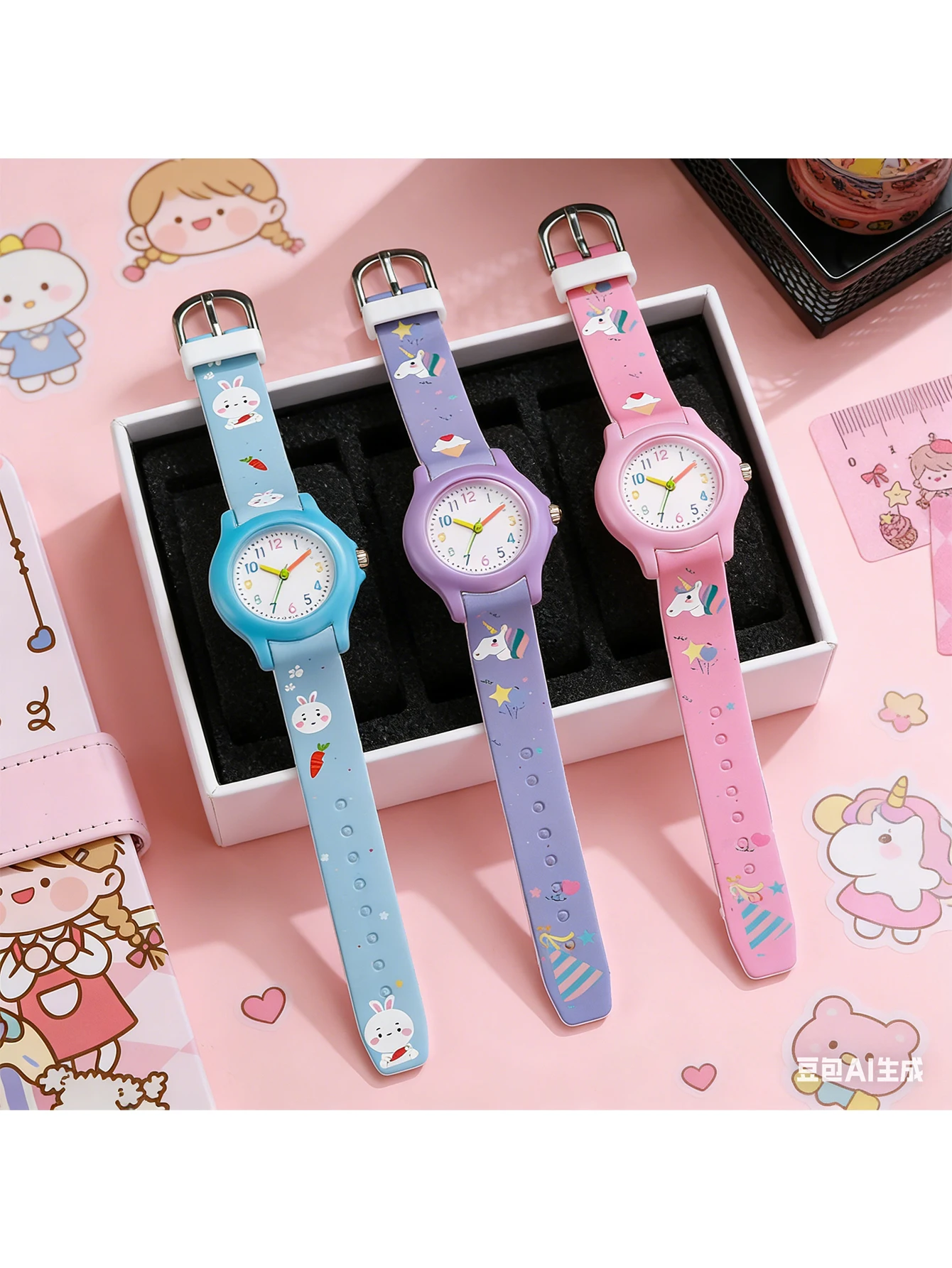 

Милые детские аналоговые часы с мультяшным дизайном, наручные часы с изображением кролика и единорога для девочек, мягкий силиконовый ремешок, подарок на день рождения