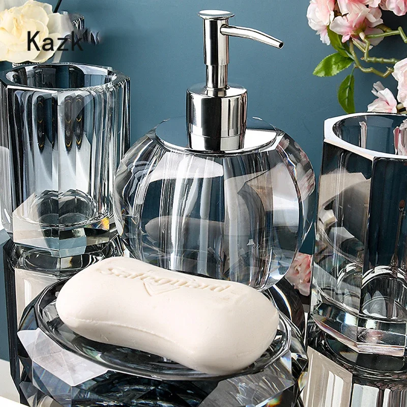 Light Luxury Crystal Glass Bathroom Accessories Set High End Transparent Wash Supplies Toothbrush Holder Cup Shampoo Bottle