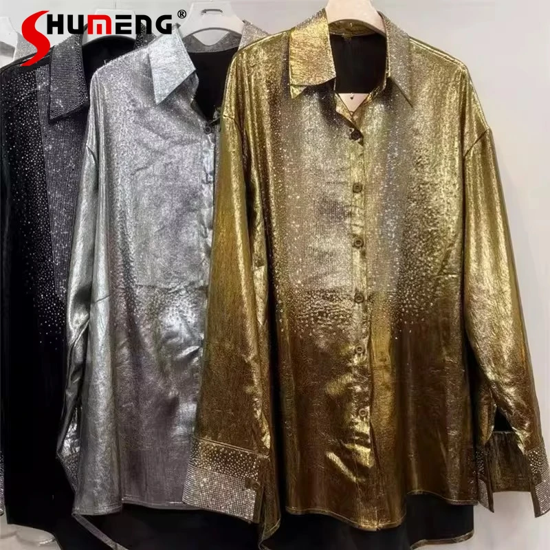 

Новинка Весна 2026: Модные женские рубашки с отложным воротником, стразами и свободным кроем, однобортные, в уличном стиле, с уникальным дизайном, длинным рукавом, трендовые топы