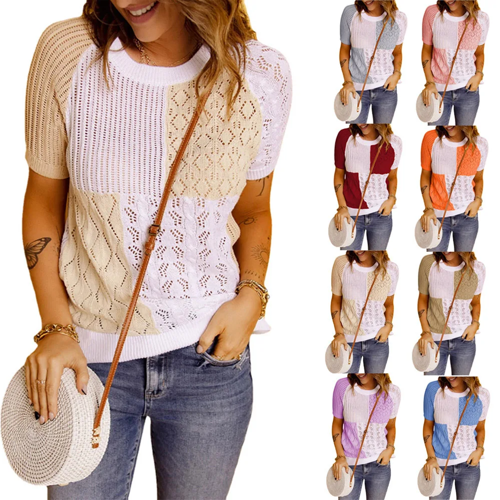 T Shirt Women New Europe Summer 2022 Fashion Knitwear Sets Round Collar Color Matching Knitting Short Sleeve Tshirt OLNAL6073
