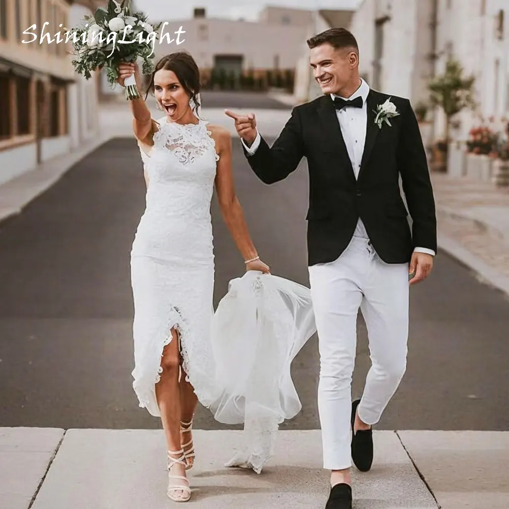 

ShiningLight Boho Mermaid Wedding Dress Backless Sexy Side Split Lace Bridal Gowns Summer Beach Vestidos De Novia Customized