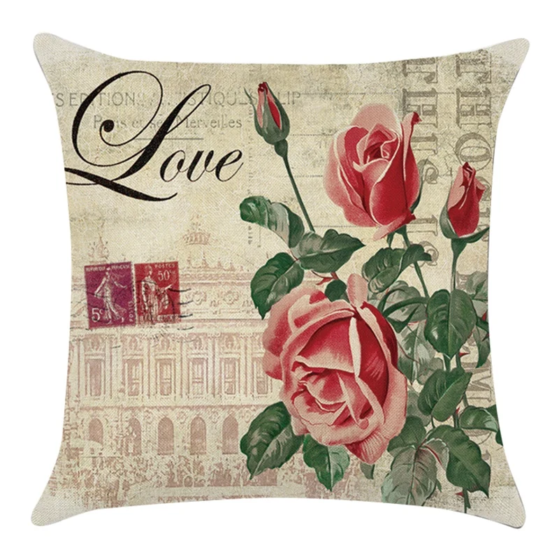 

Quality Throw Pillow Cover 18X18 Inch Retro Stamp Flora Rose Love Quotes Flowers Florals Rose Decorative Pillowcase