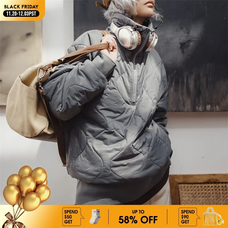 

Maden Women's Winter Thickened Sweatshirt Cotton Clothes Gray Half-zipper Thermal Coat Lightweight Stretchy Lapel Warm Jacket