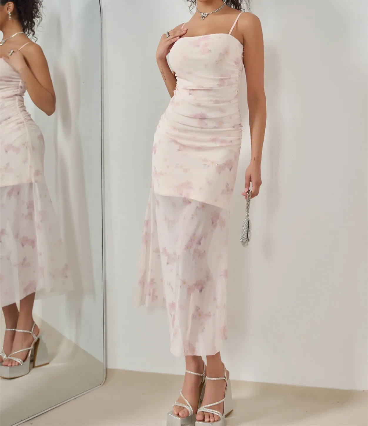 Nowa Moda Sexy Bez Rękawów Cienkie Ramiączka Dekolt Hiszpanka Nadruk Kwiatowy Falbany Sukienka Ołówkowa Jednolity Kolor Dopasowana Do Łydki Sukienka na Ramiączkach