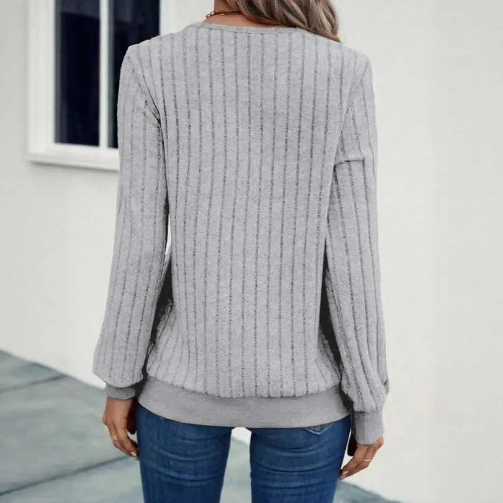 

Women's V-Neck Long Sleeve T-Shirt Solid Color Spring Autumn Fashion European American Style Versatile Brushed Ribbed Knit