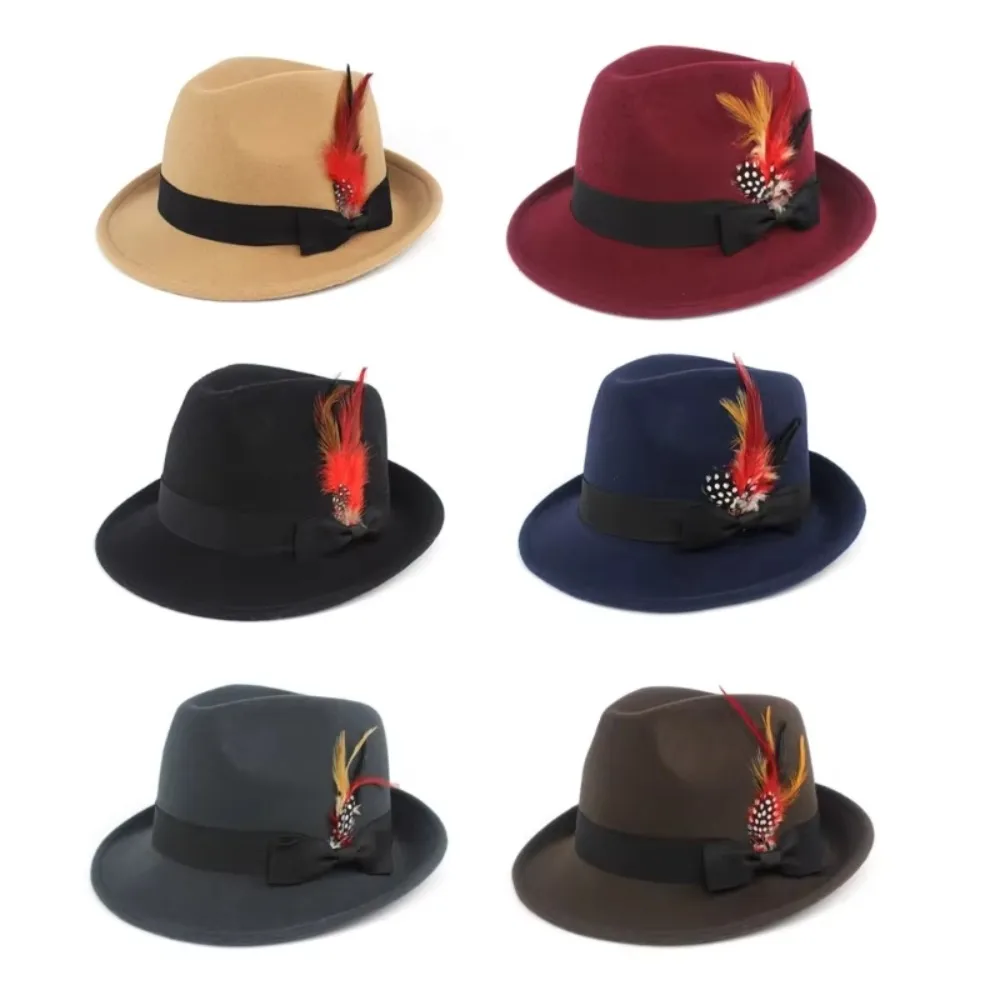 Imitation woolen Feather Decors Hat Wild Brim Solid Color Oktoberfest Hat Large Brim Gentleman Costume Cosplay Cap Western Hat