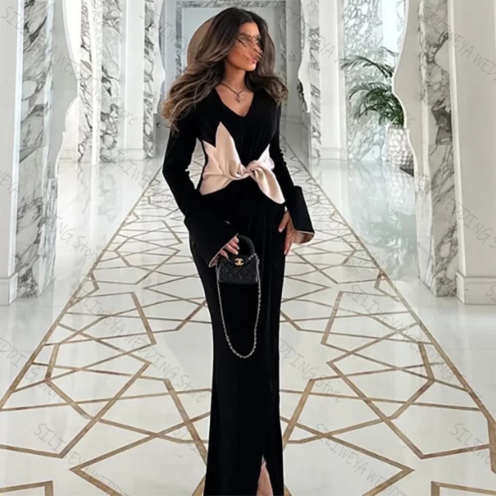 

Customized Sizes Jersey Pleat Bow Straight V-neck Long Prom Dresses Bespoke Occasion Dresses Exquisite Gown