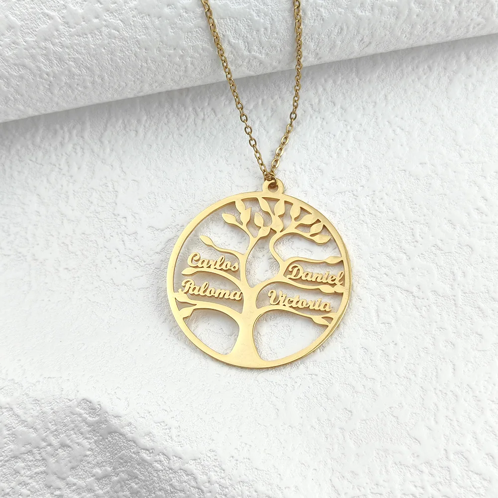 Custom 1-9 Names Stainless Steel Family Tree Pendant Necklace Women\'s Tree of Life Necklace  Family Nameplate Jewelry Fine Gifts