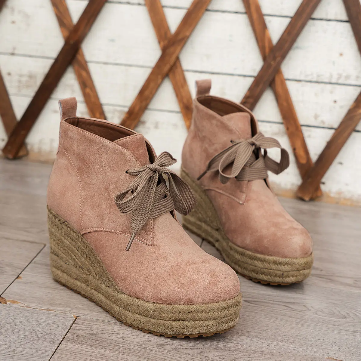 

Ankle Boots for Women Retro Suede Large Size US 11 Hand Knitting Lace-up Wedges Platform Woman Booties High Quality Woman Shoes