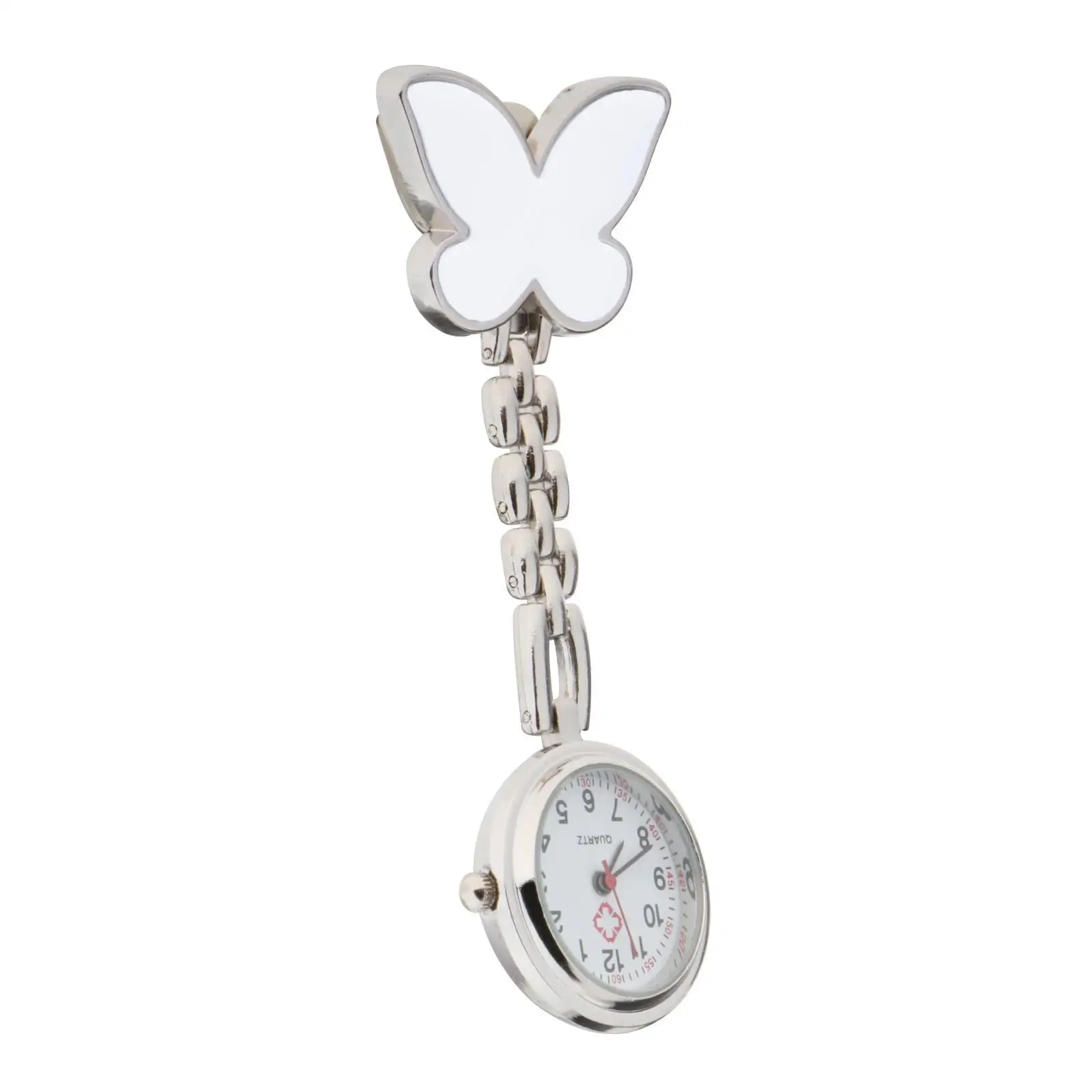 Nurse Pocket Watch Waterproof Clip Watch Gift Quartz Hanging Lapel Fob Watch for Women Men Students White Butterfly