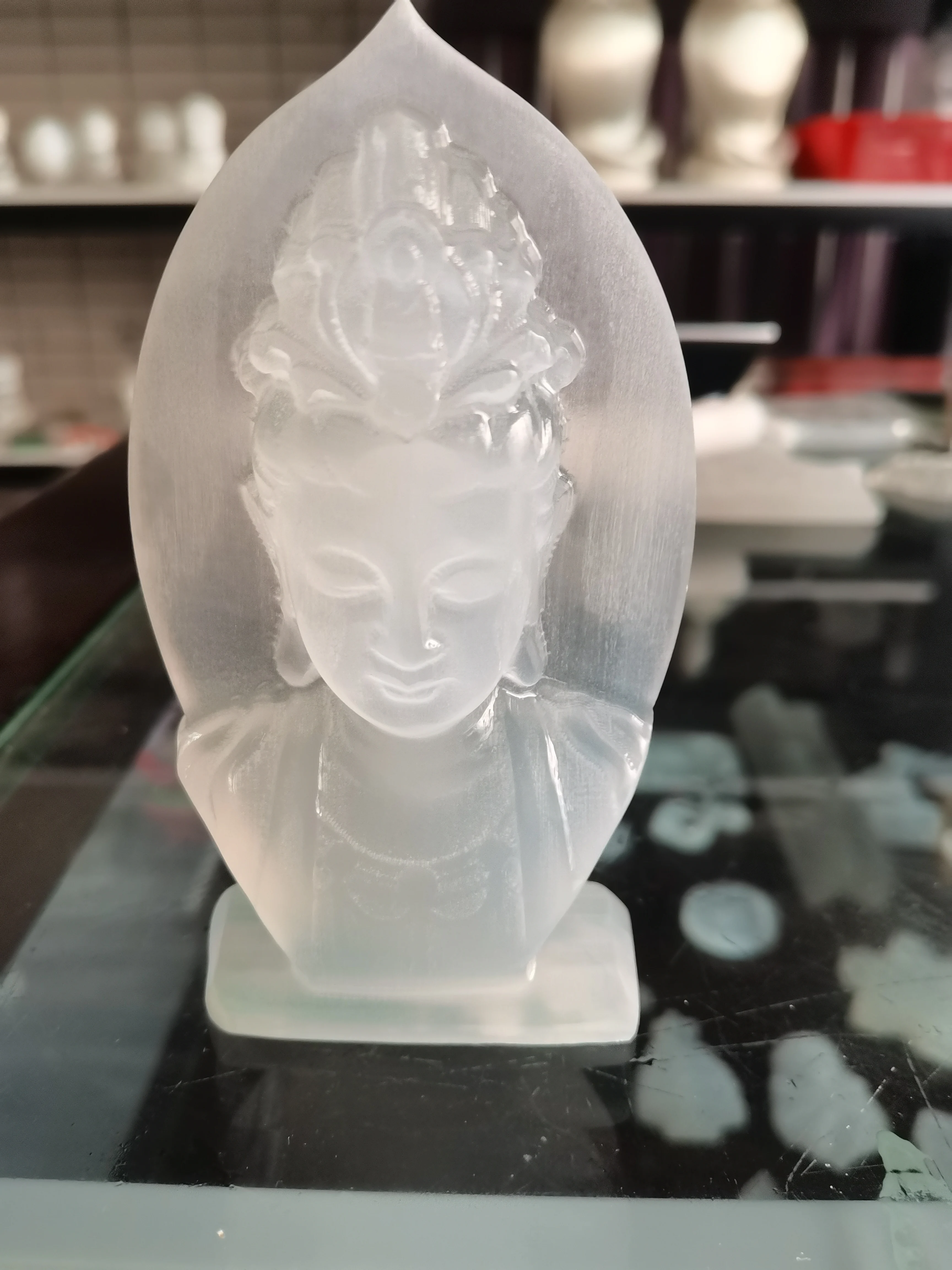 

11cm Natural Selenite Buddha Guanyin Crystal Carving Buddhist Healing Energy Stone Crafts Decorative wealth FengShui