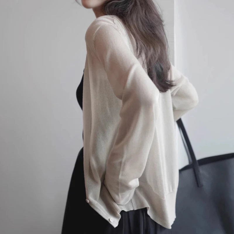 Women Cardigan Single Breasted Sheer Skin-friendly Sun Protection Long Sleeve V-neck Lightweight Elegant Korean Style Basic Tees