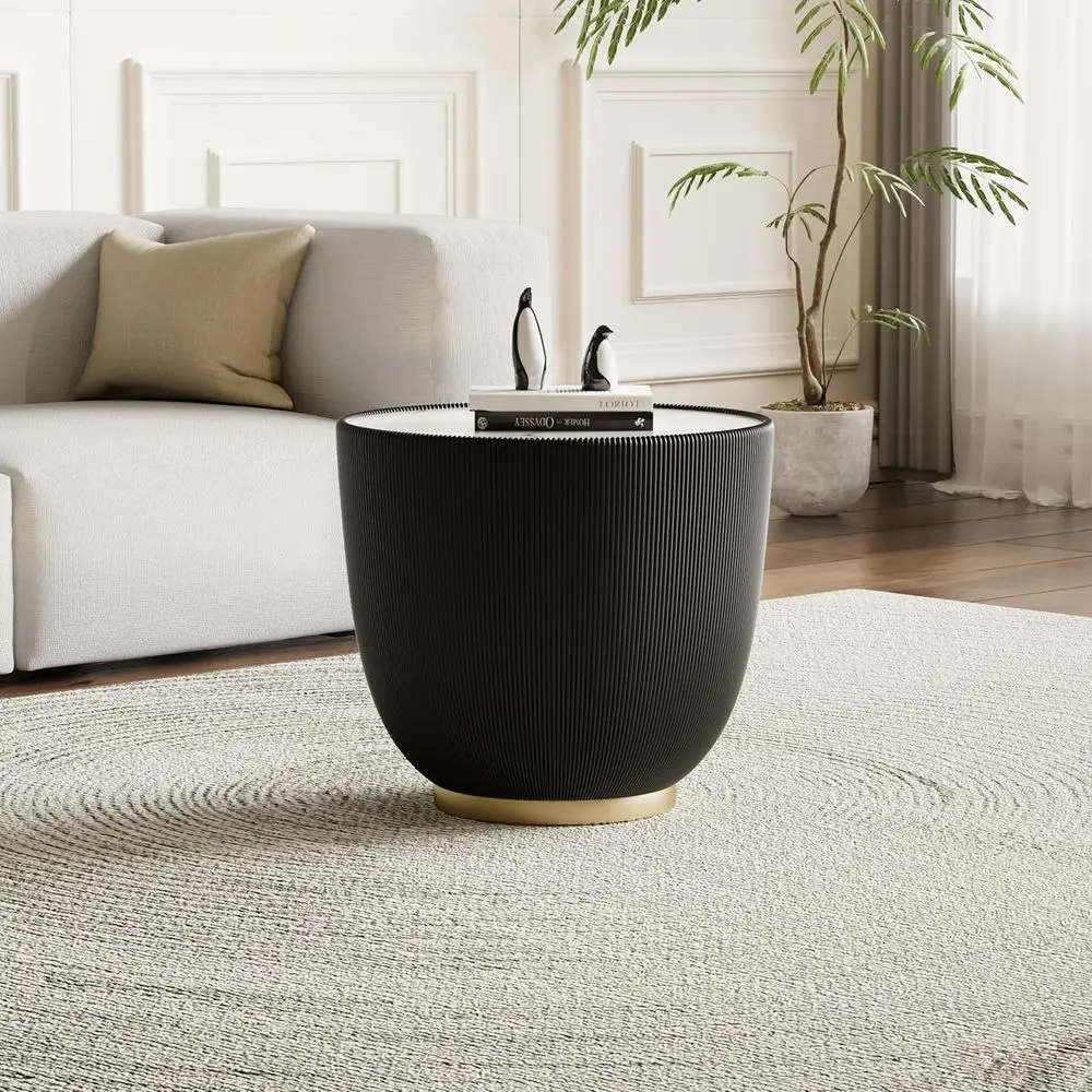 

Round Coffee Table with Sintered Stone Top, Black Leather and Metal Base, Suitable for Home or Office Living Room