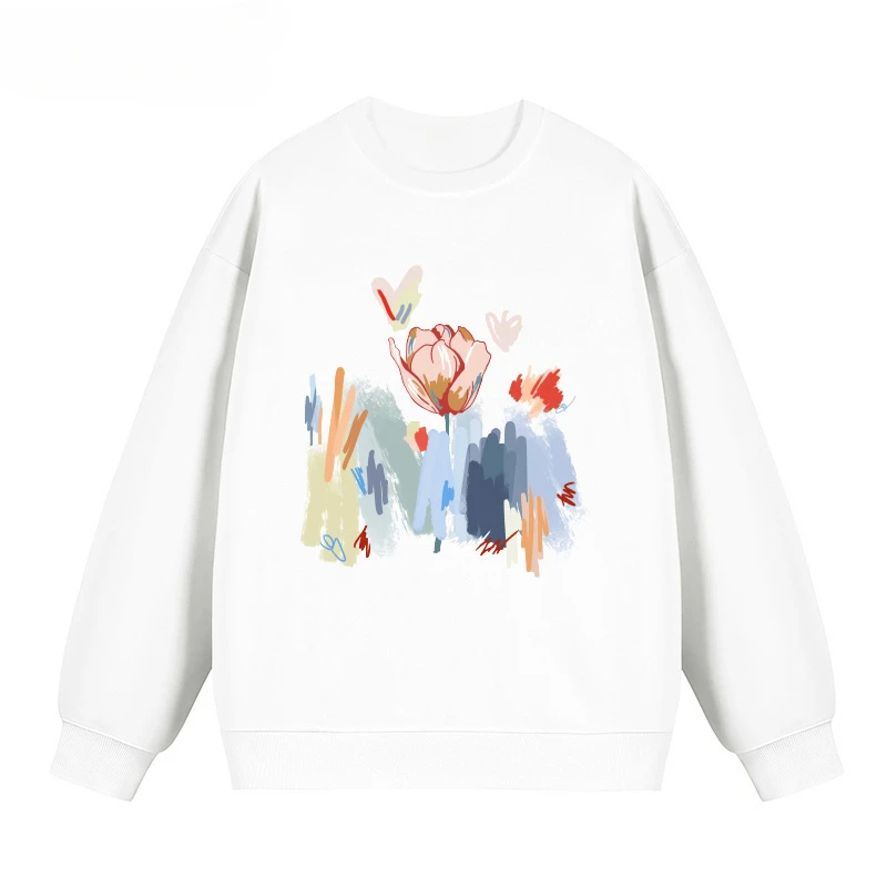 

Fashion Trend Graffiti Tulip Flower Print Crew Neck Sweater Women's Spring and Autumn New Casual Long Sleeve Couple