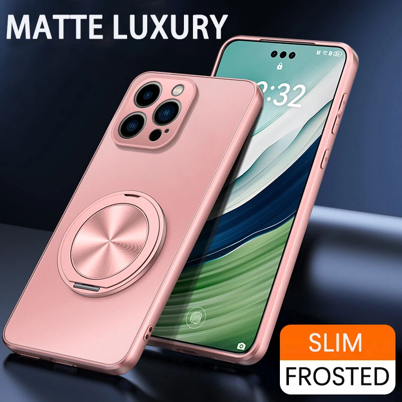 Harde hoes met matte afwerking, kickstand, ring en magnetische achterkant voor iPhone 17 Air, 16, 16E, 15, 14, 13, 12, 11 Pro Max, Plus en Mini.