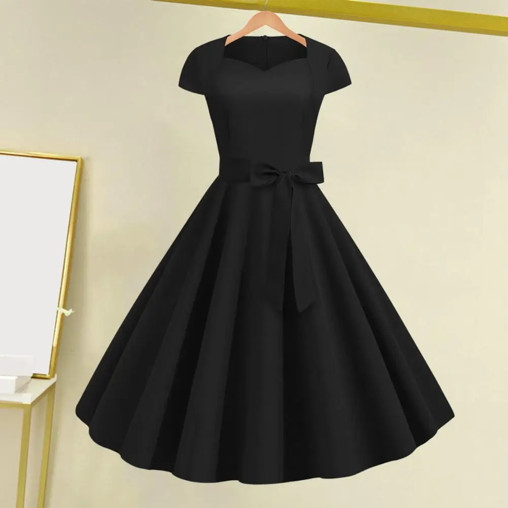 

Stretchy Solid Dress Elegant V Neck A-line Midi Dress with Belted Bow Detail Retro Princess Style for Women Flattering High