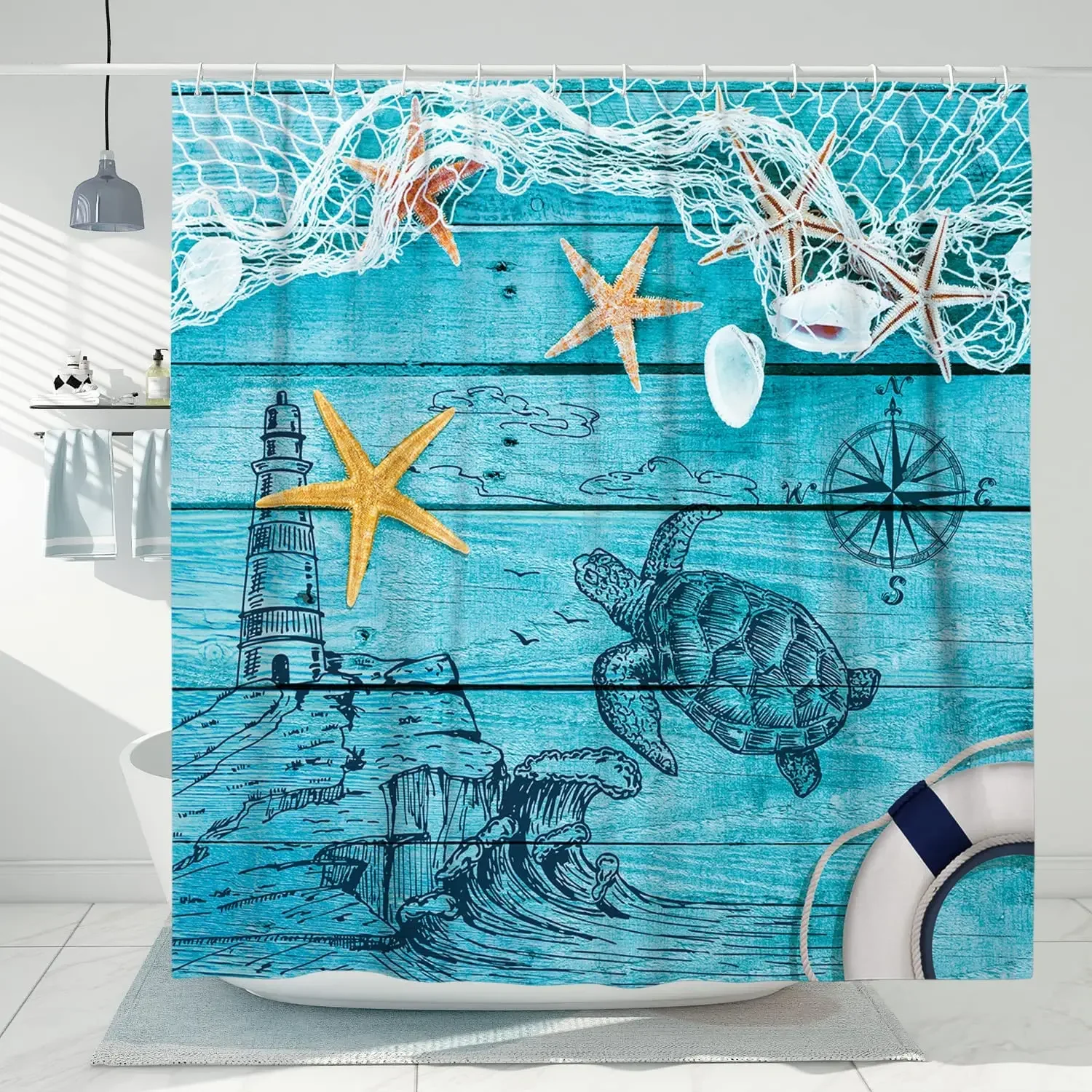 Mermaid Stall Cartoon Woman Sirens Of Greek Myth Female Human Tail Of Fish Teal Beach Wooden Starfish Coastal Shower Curtain