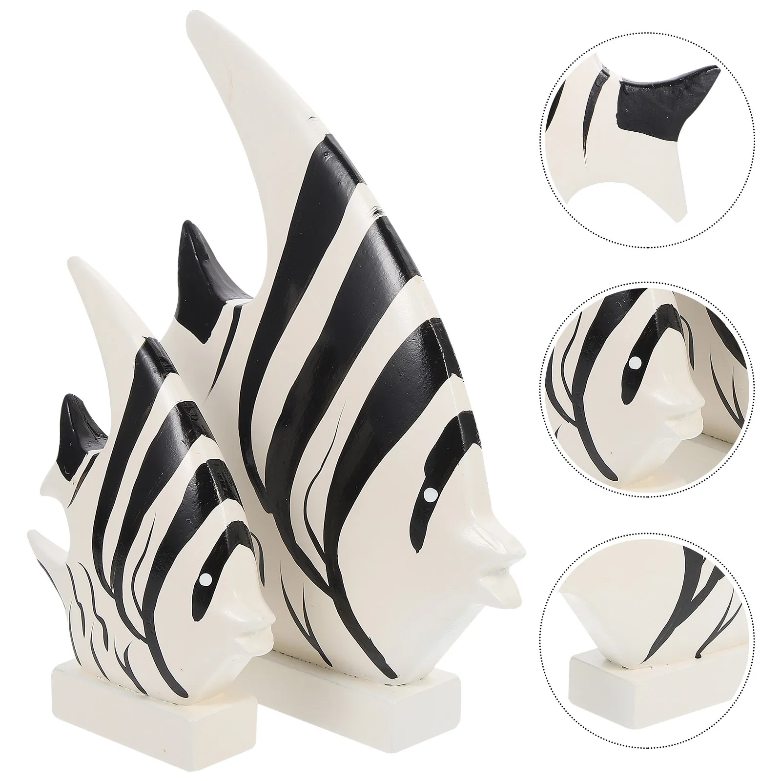 2Pcs Sturdy High Class Wood Fish Ornament Black and White Striped Mediterranean Style Household Decor Desktop Fish Adornment