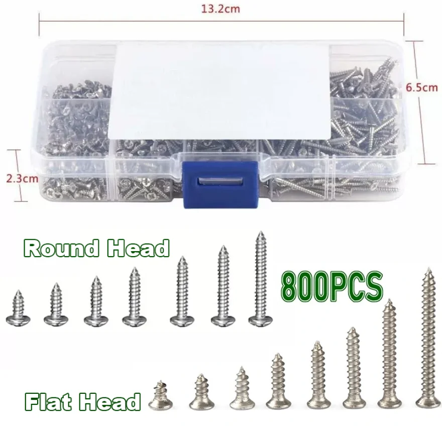 1Set/800Pcs M2 Carbon Steelplate Nickel Cross Phillips Pan Round Head Flat Countersunk Head Self-Tapping Screw Kit Lenght 4-20mm