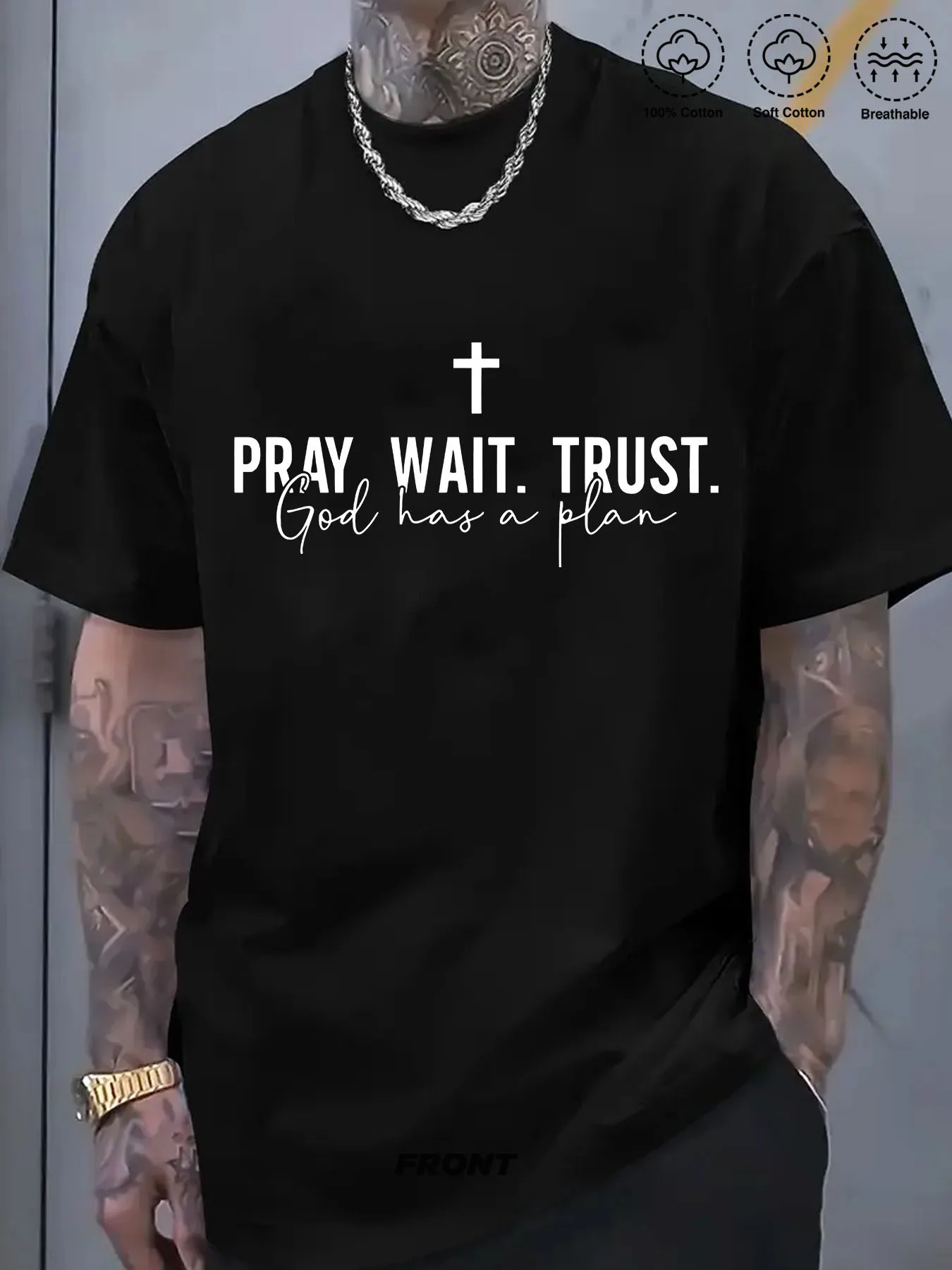 تي شيرت رجالي بأكمام قصيرة من القطن الخالص مقاس كبير مع "PRAY. انتظر. الثقة. الله هو الملك "تصميم الصليب #1