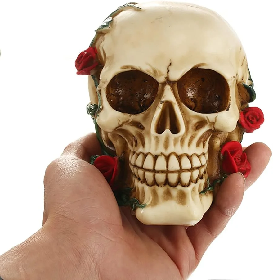 Human Skull with Rose Resin Statue Small Size Head Sculptures Skull Collectible Figurines