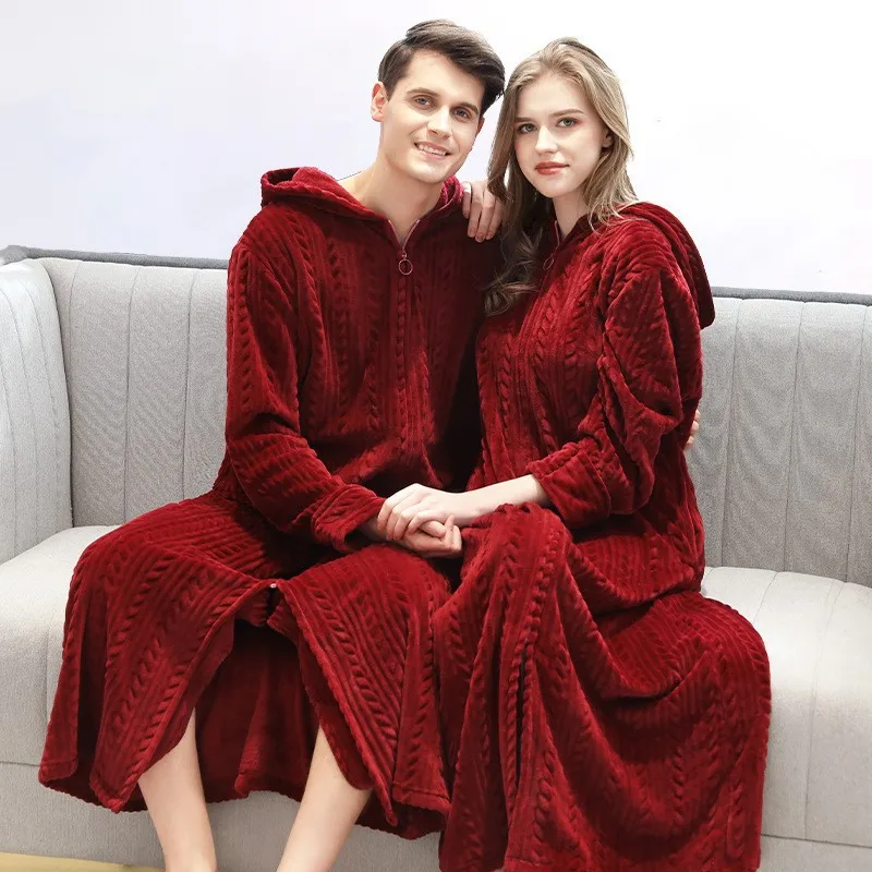 النساء الرجال الشتاء الفانيلا رداء اضافية طويلة مقنعين سستة Bathrobe Couple ثوب النوم سميكة كيمونو روب استحمام الذكور روب للنوم