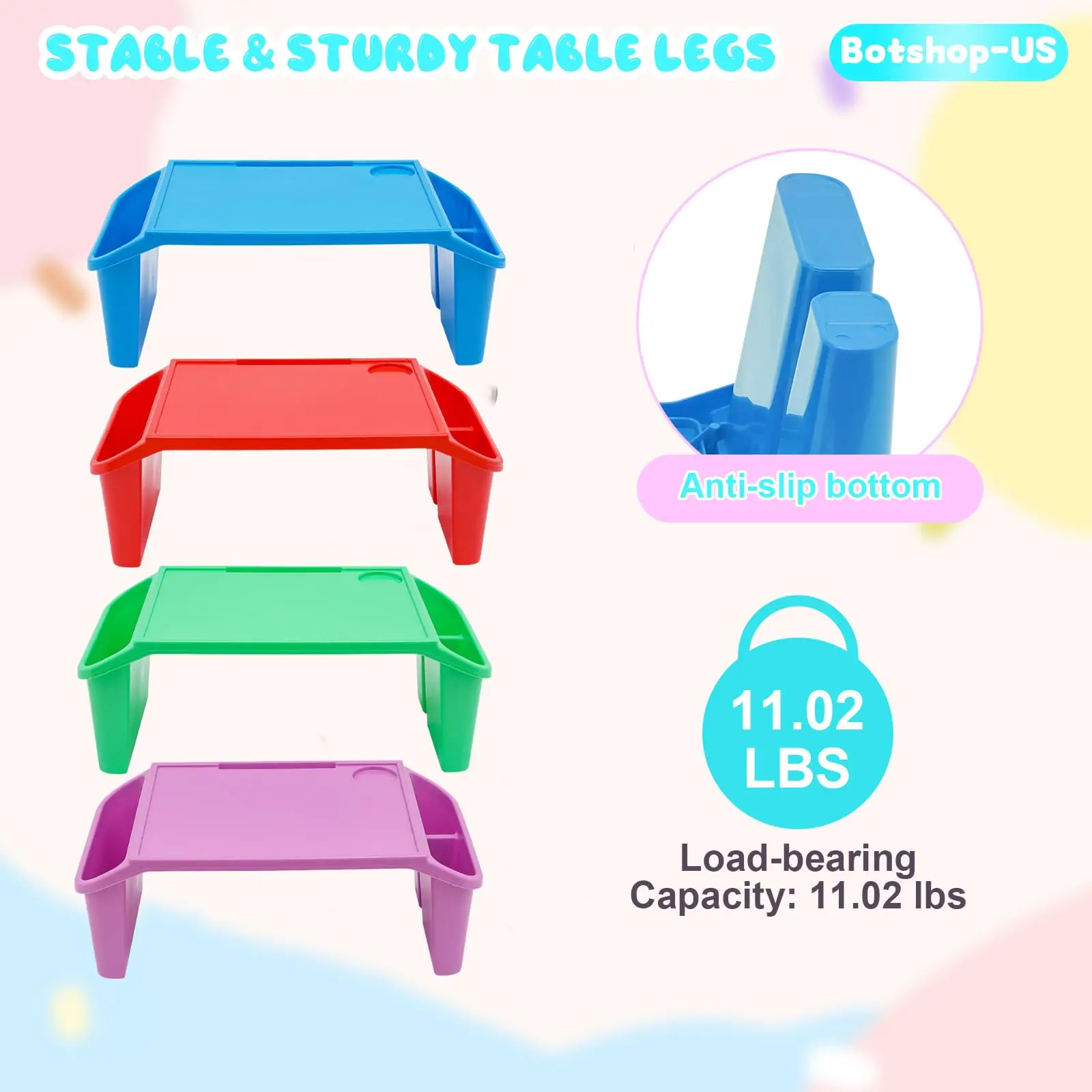 4Pcs Lap Desk Tray Plastic Breakfast Laptop Trays with Side Storage Pockets for Eating Writing Portable Snacks Lap Bed Table Ac