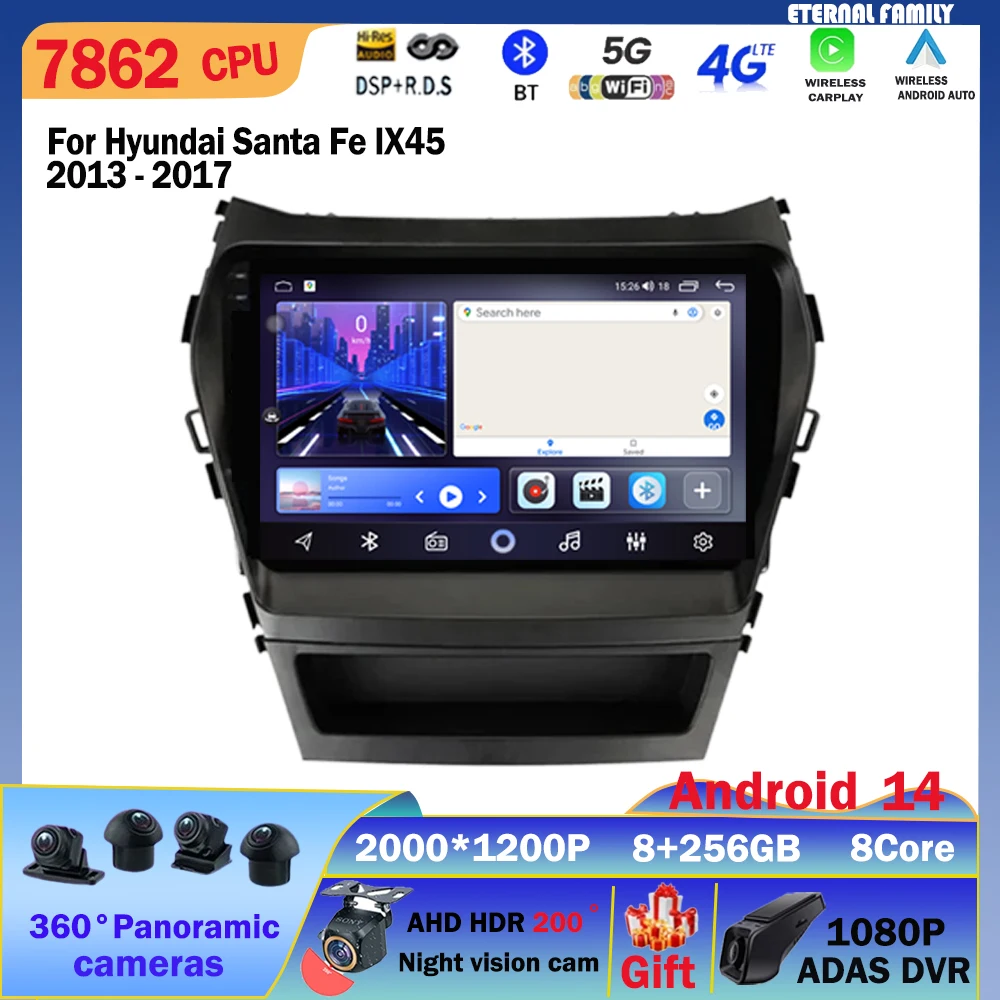 

Car Radio Android 14 Carplay For Hyundai Santa Fe IX45 2013 - 2017 Navigation GPS Android Auto Screen Stereo No 2din DVD 5G Wifi