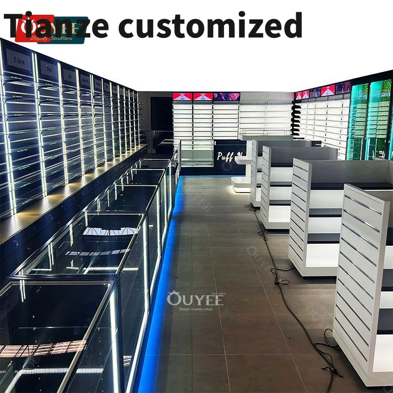 Customized-wood shelf showcase shop LED board display glass display smoke shop retail display cigar