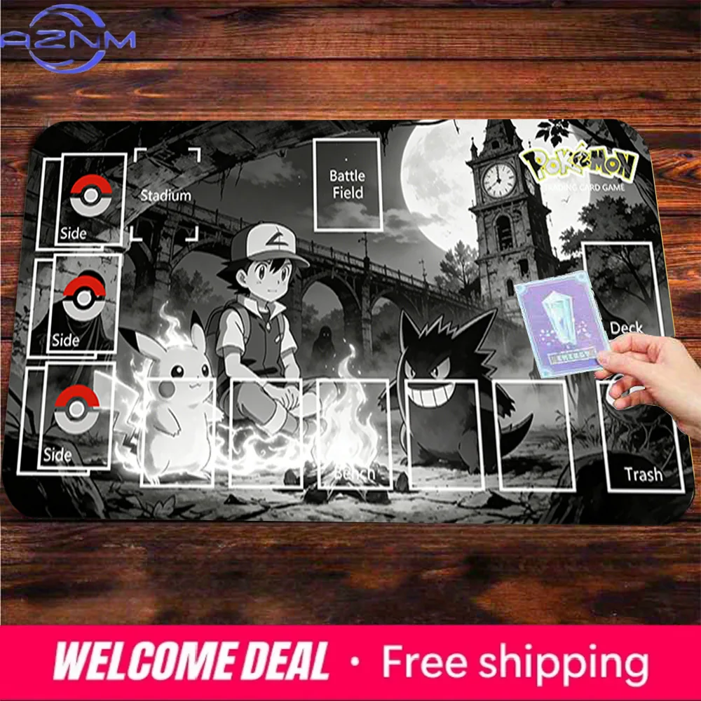 Black White Moonlight Ash Pikachu Gengar Pokemon TCG Zoned Playmat Large Gaming Mouse Pad Desk Mat